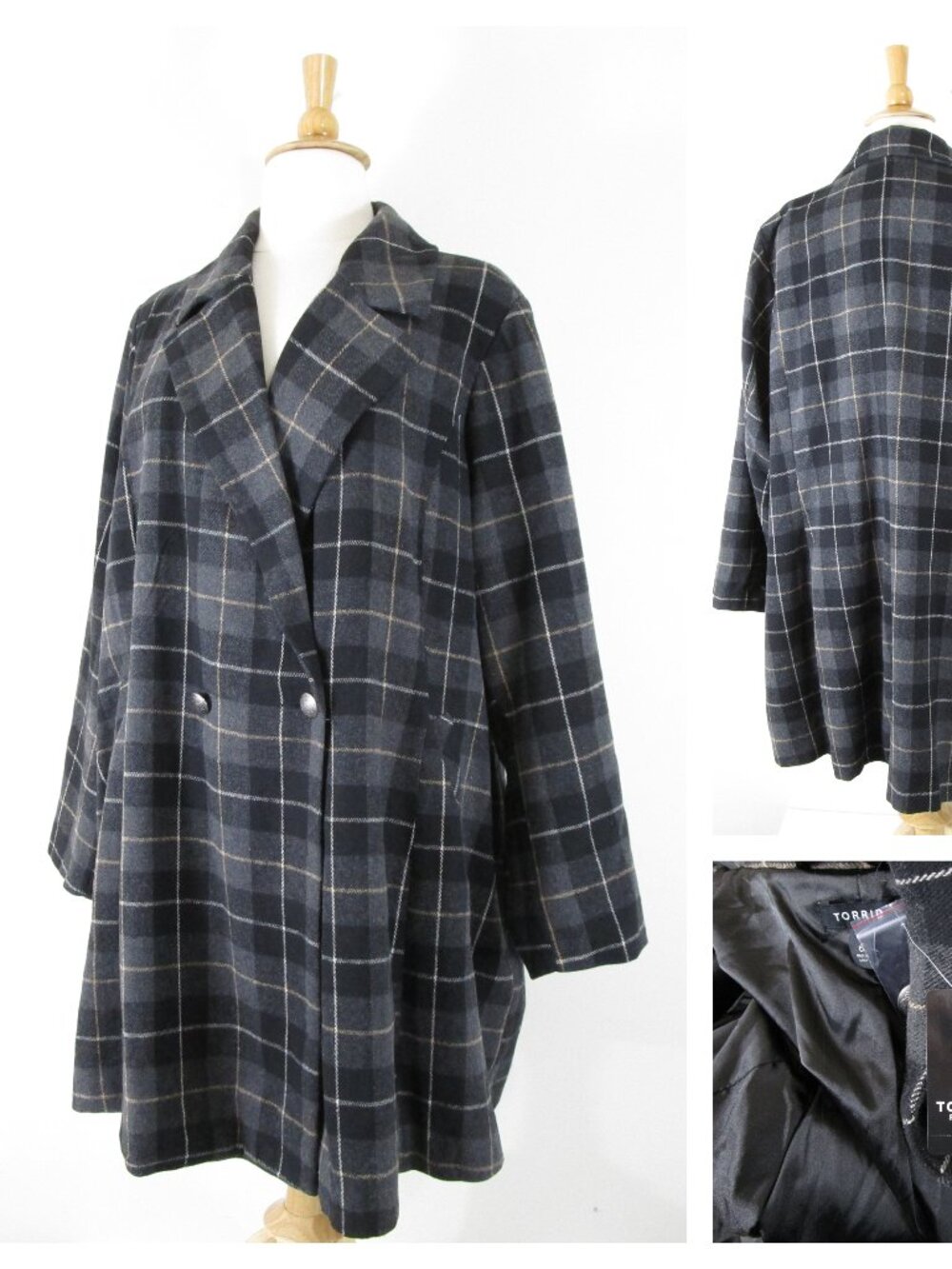 Torrid Plus Size Black Gray 4 Plaid Double Breast Topcoat Over Coat 6 6X 30